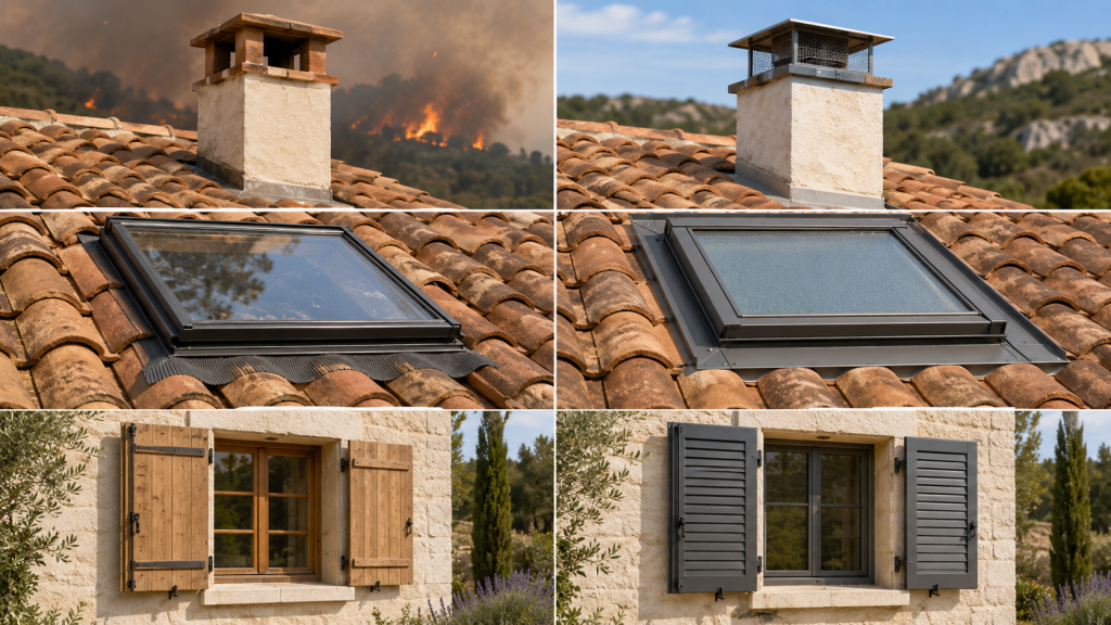 Protection feu des ouvertures de toiture avec pare-étincelles cheminée, Velux renforcé et volets métalliques