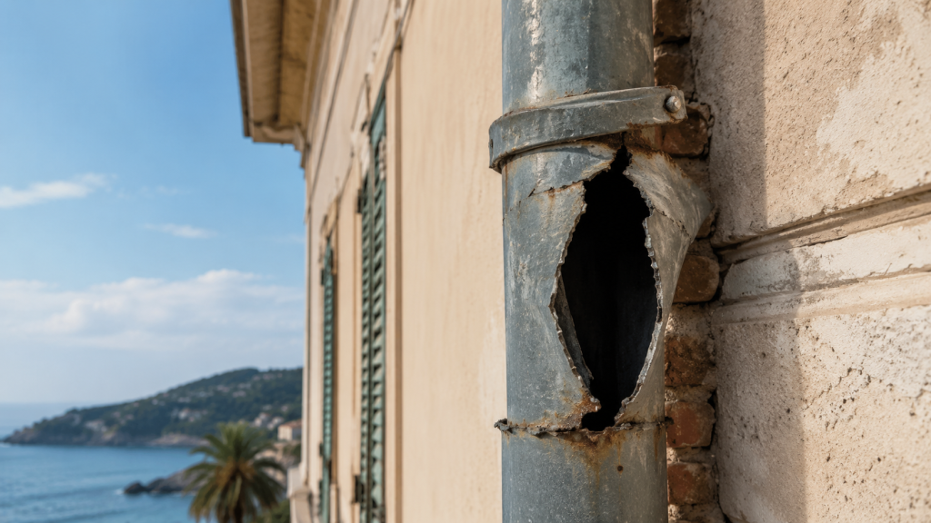 Descente d’eau pluviale corrodée par les embruns sur une façade littorale