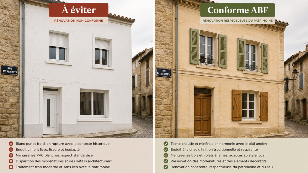 Comparaison entre une façade non conforme et une façade conforme aux exigences ABF en centre historique