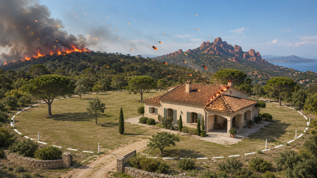Maison avec débroussaillement OLD conforme mais toiture exposée aux braises d’un feu de forêt