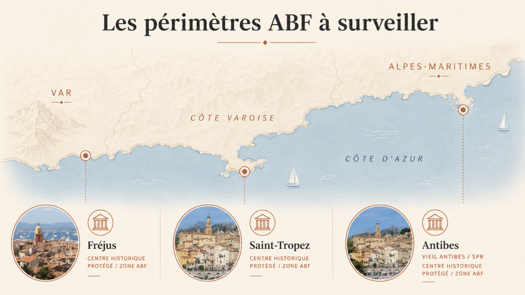 Carte des périmètres ABF à surveiller à Fréjus, Saint-Tropez et Antibes