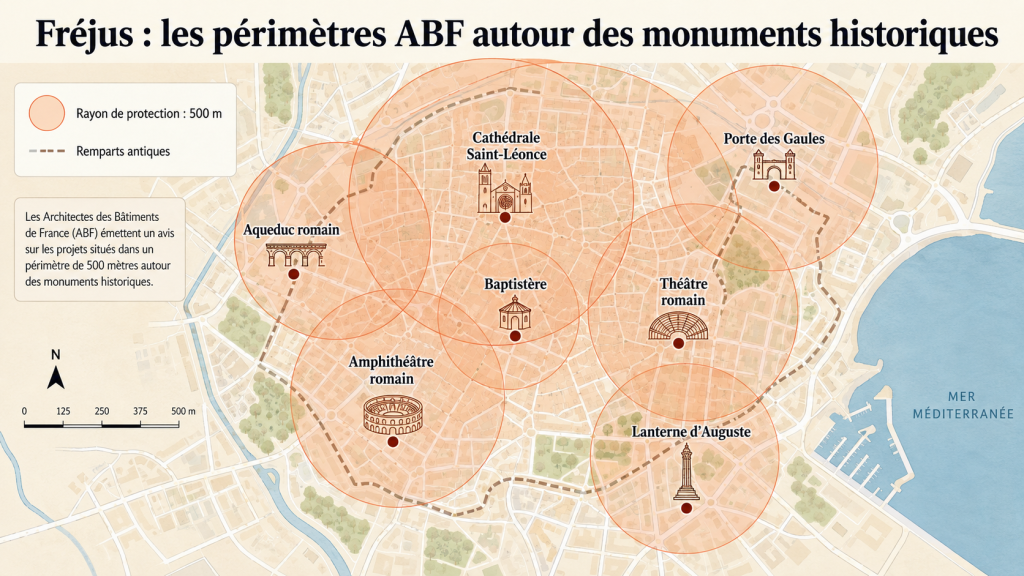 Carte des périmètres ABF de 500 mètres autour des monuments historiques de Fréjus