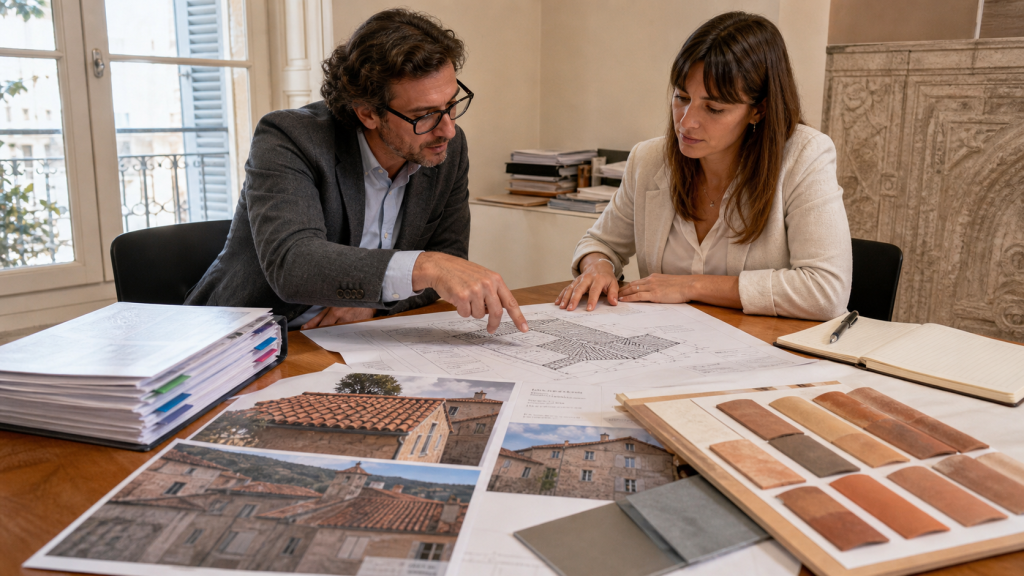 Pré-consultation ABF pour un projet de réfection de toiture à Fréjus avec plans, photos et échantillons de tuiles
