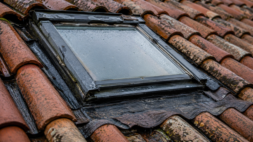 Velux ancien exposé à la pluie sur une toiture en tuiles vieillissante