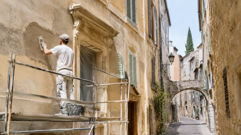 Artisan appliquant un enduit à la chaux sur une façade ancienne en centre historique protégé par l’ABF
