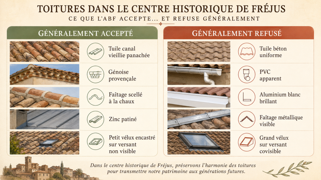 Infographie des éléments de toiture généralement acceptés ou refusés par l’ABF dans le centre historique de Fréjus