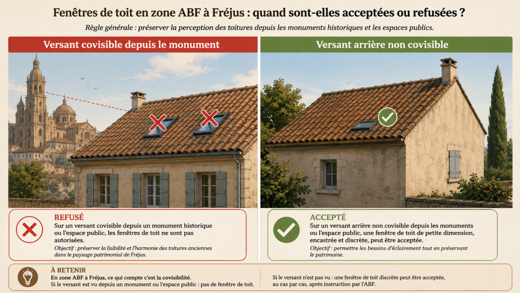Schéma expliquant l’acceptation ou le refus des fenêtres de toit en zone ABF à Fréjus selon la covisibilité